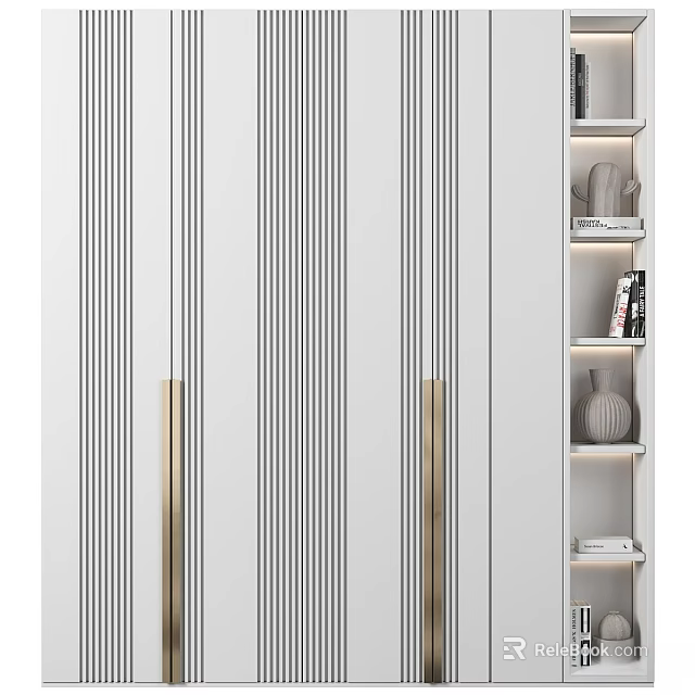 Modern Luxury White Vertical Striped Cabinet With Gold Handles And Bookshelf Decorative Items 3d model 