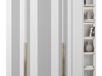 Modern Luxury White Vertical Striped Cabinet With Gold Handles And Bookshelf Decorative Items 3d model