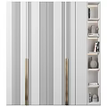 Modern Luxury White Vertical Striped Cabinet With Gold Handles And Bookshelf Decorative Items