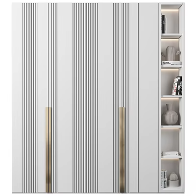 Modern Luxury White Vertical Striped Cabinet With Gold Handles And Bookshelf Decorative Items 3d model