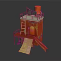 Red Small Tower Like Building With Yellow Ladder Slide Green Cloth And Orange Water Tank