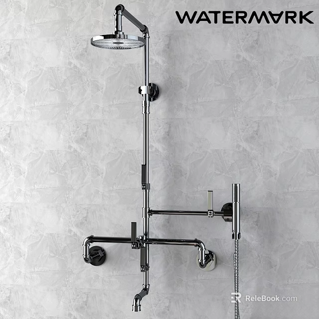 Chrome Shower Faucet with Overhead Showerhead Handheld Sprayer and Metal Bracket on Gray Wall 3d model 