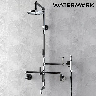 Chrome Shower Faucet with Overhead Showerhead Handheld Sprayer and Metal Bracket on Gray Wall 3d model