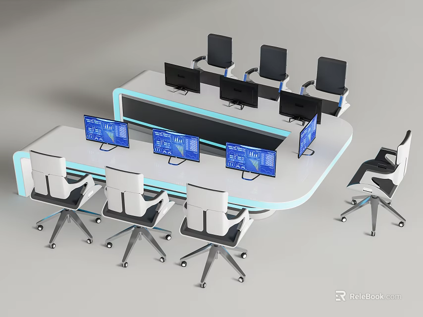 Modern Office Desk With LED Lighting Multiple Workstations Computer Monitors And Ergonomic Chairs 3d model 