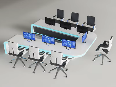 Modern Office Desk With LED Lighting Multiple Workstations Computer Monitors And Ergonomic Chairs 3d model
