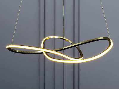 Modern Golden Chandelier with Intertwined Rings and Illuminated LED Light in Minimalist Gray Background Design 3d model