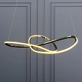 Modern Golden Chandelier with Intertwined Rings and Illuminated LED Light in Minimalist Gray Background Design