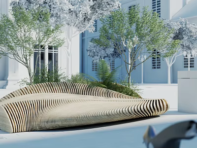 Curved Wooden Strip Landscape Seat In Outdoor Space With Trees And White Building 3d model