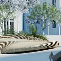 Curved Wooden Strip Landscape Seat In Outdoor Space With Trees And White Building