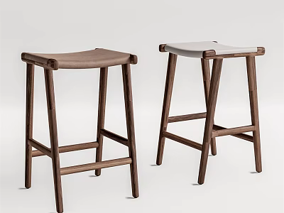 Modern Minimalist Bar Stools With Walnut Wood Legs And Leather Seats 3d model