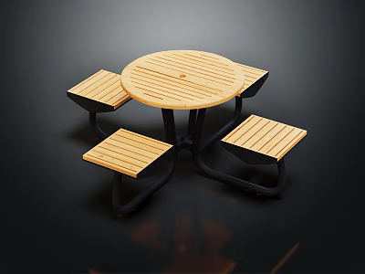 Outdoor Round Wooden Table And Benches Set With Black Metal Legs 3d model