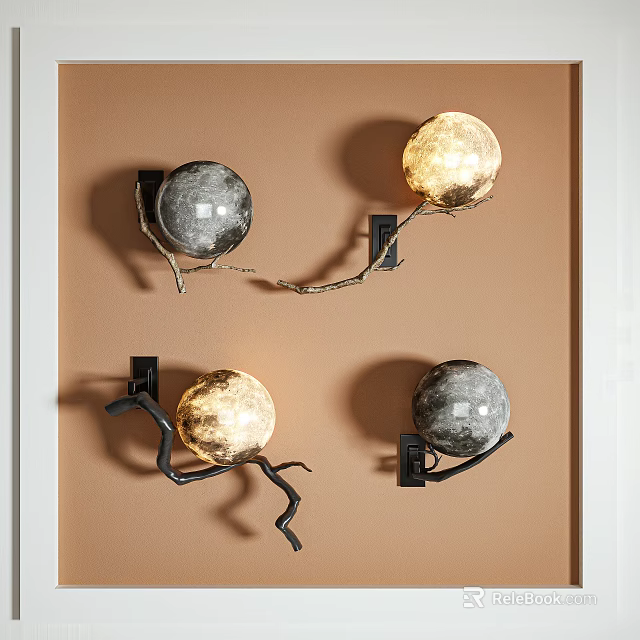 Moon Shaped Wall Lamps With Branch Brackets Mounted On Brown Wall 3d model