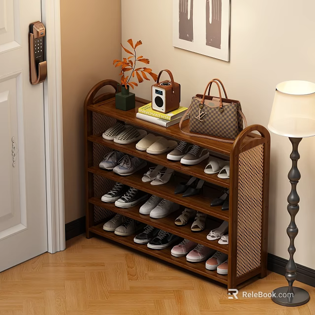 Multi Tiered Shoe Rack With Various Shoes Vase Radio And Handbag In Entryway 3d model 