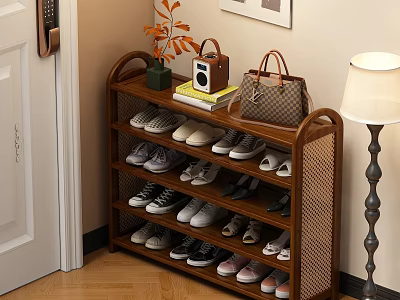 Multi Tiered Shoe Rack With Various Shoes Vase Radio And Handbag In Entryway 3d model