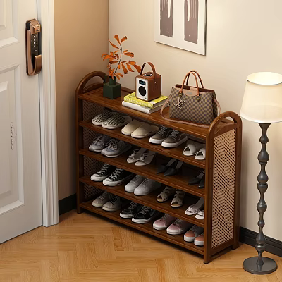 Multi Tiered Shoe Rack With Various Shoes Vase Radio And Handbag In Entryway 3d model