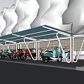 Bicycle And Scooter Parking Shelter With Green Trees And Signage