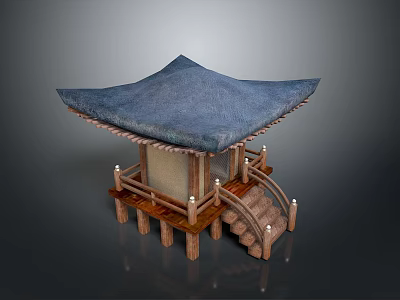 Elegant Traditional Pavilion With Blue Roof Wooden Structure And Stairs Railings 3d model