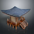 Elegant Traditional Pavilion With Blue Roof Wooden Structure And Stairs Railings