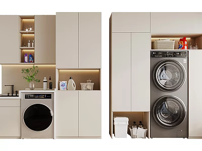 Modern Bathroom Cabinet Rack Interior Design With Double Washing Machines And Storage Cabinets 3d model