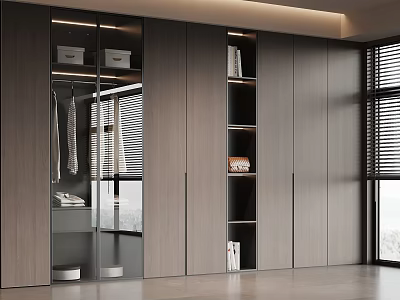 Modern Integrated Wardrobe With Glass Door Open Shelves Hanging Clothes And Storage Boxes 3d model