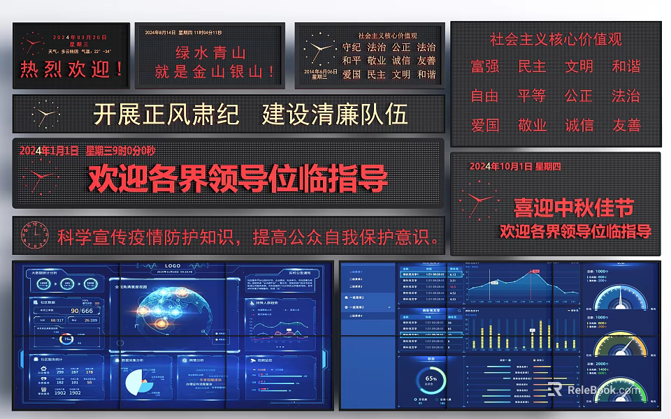 Red Banners With Core Socialist Values And Data Dashboard Monitoring Charts 3d model 