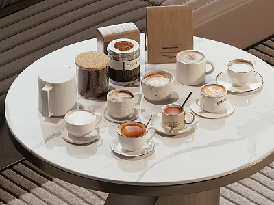 Elegant Various Cups With Coffee Tea On Modern Marble Table Decorative Design 3d model