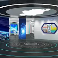 Modern Tech Exhibition Hall Interior With Curved Lines Blue Lighting And Digital Displays