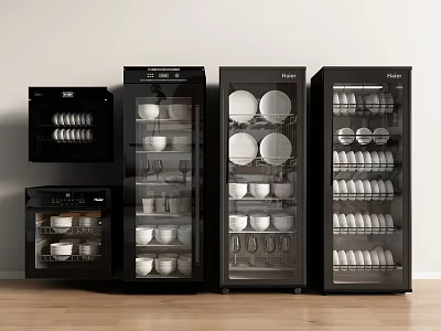 Modern Black Kitchen Storage Appliances With Glass Doors And Dinnerware 3d model
