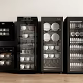 Modern Black Kitchen Storage Appliances With Glass Doors And Dinnerware