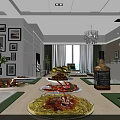 Elegant Dining Living Room Interior With Delicious Food Framed Pictures Green Plant And Chandelier