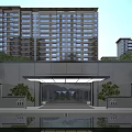 Modern Entrance Gate Design With High Rise Residential Building Water Pool And Green Plants