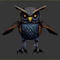 Detailed Shiny Owl 3D Model With Blue Orange Feathers Red Eyes Standing Pose