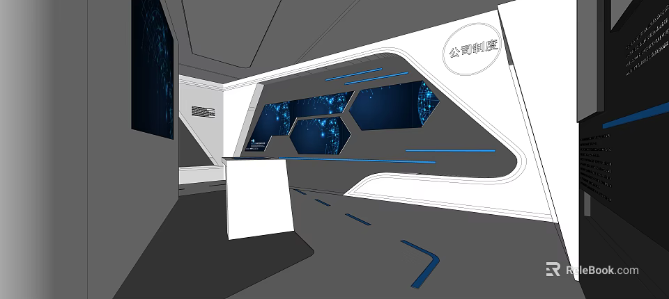 Modern Tech Exhibition Space With Hexagonal Blue Screens And White Display Counter 3d model 