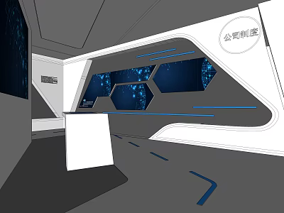 Modern Tech Exhibition Space With Hexagonal Blue Screens And White Display Counter 3d model