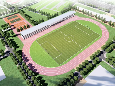 Scenic Garden Landscape With Stadium Track Football Field Grandstand And Trees 3d model