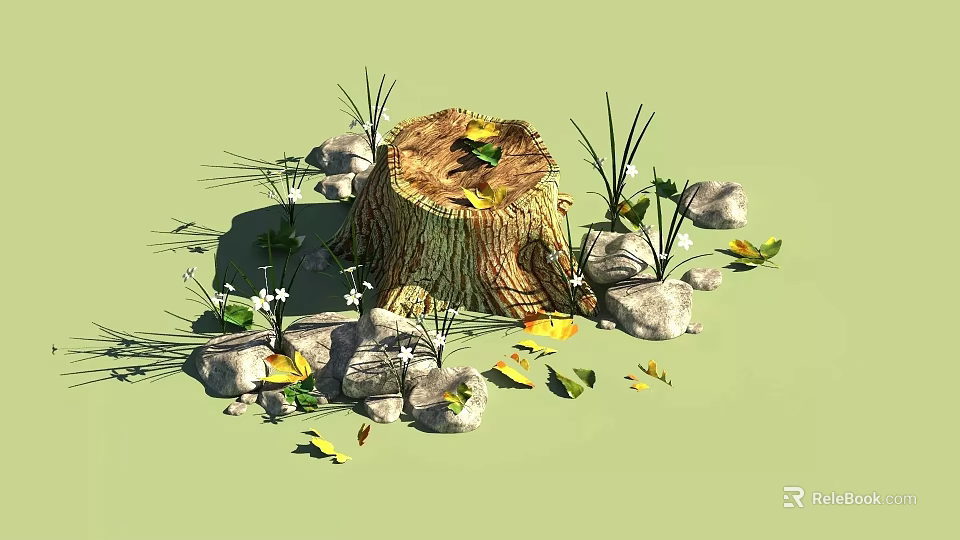 Rustic Wooden Stump Decor with Stone Accents Green Plants and Fallen Leaves 3d model 