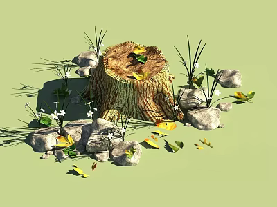 Rustic Wooden Stump Decor with Stone Accents Green Plants and Fallen Leaves 3d model
