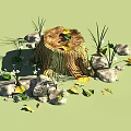 Rustic Wooden Stump Decor with Stone Accents Green Plants and Fallen Leaves