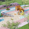 Children's Play Area With Green Pod Shaped Slide Structure Sandpit And Wooden Playhouse