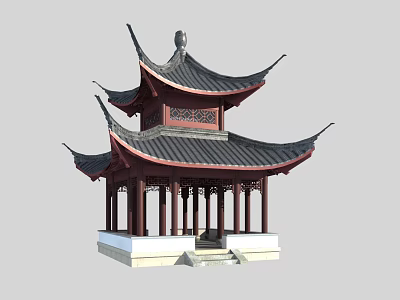 Chinese Traditional Garden Pavilion With Multi Tiered Eaves Red Pillars And Carved Details 3d model