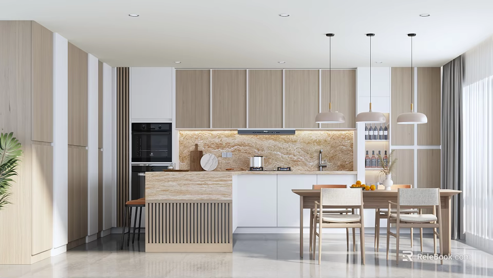 Modern Open Concept Restaurant Interior Featuring Dining Table Chairs And Pendant Lights 3d model 