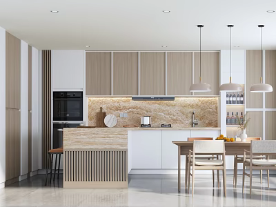 Modern Open Concept Restaurant Interior Featuring Dining Table Chairs And Pendant Lights 3d model