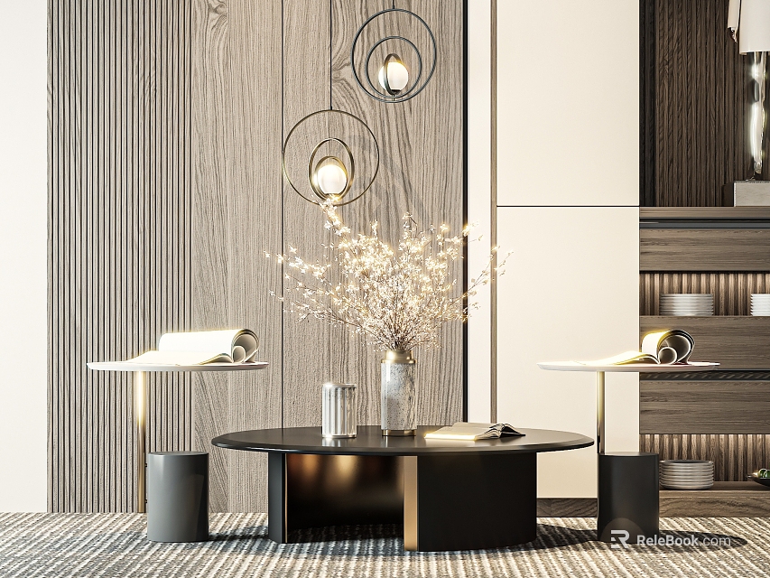 Modern Living Room Black Round Coffee Table With Wooden Wall Circular Lights And Decorative Flowers 3d model 