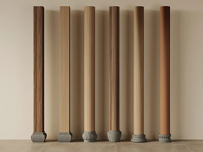 Wooden Columns With Various Wood Tones And Decorative Bases Against Light Wall 3d model