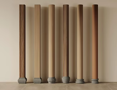Wooden Columns With Various Wood Tones And Decorative Bases Against Light Wall 3d model