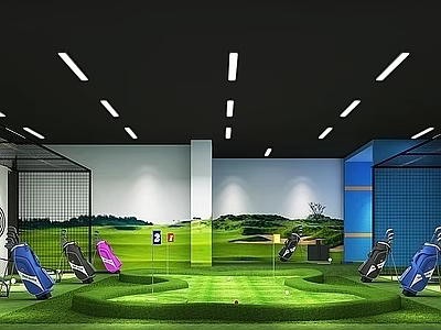 Golf Themed Conference Table In Indoor Putting Green With Golf Clubs And Mural Background 3d model