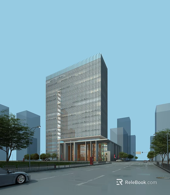 Modern Office Building With Glass Curtain Wall And Urban Surroundings Trees 3d model 