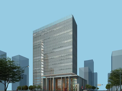Modern Office Building With Glass Curtain Wall And Urban Surroundings Trees 3d model
