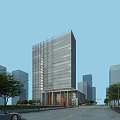 Modern Office Building With Glass Curtain Wall And Urban Surroundings Trees