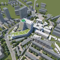 Modern Hospital Building High Rise With Glass Curtain Wall Plaza Parking Lot Trees Blue Sky